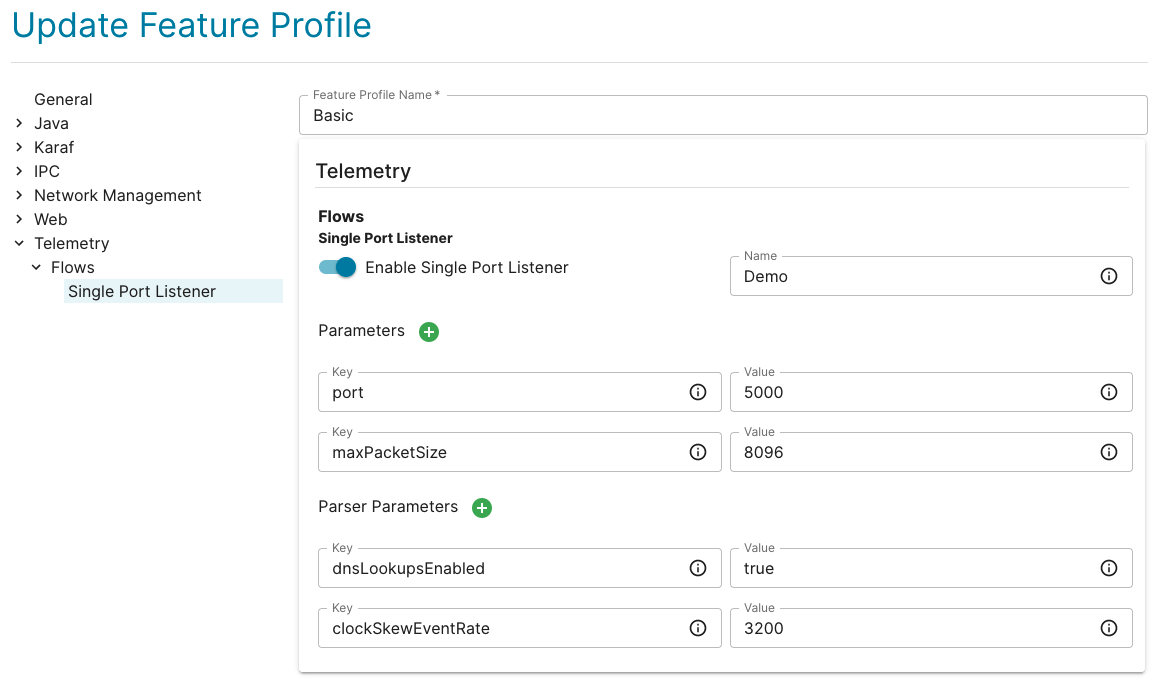 Update Feature Profile page displaying sample configuration settings for a single port listener.