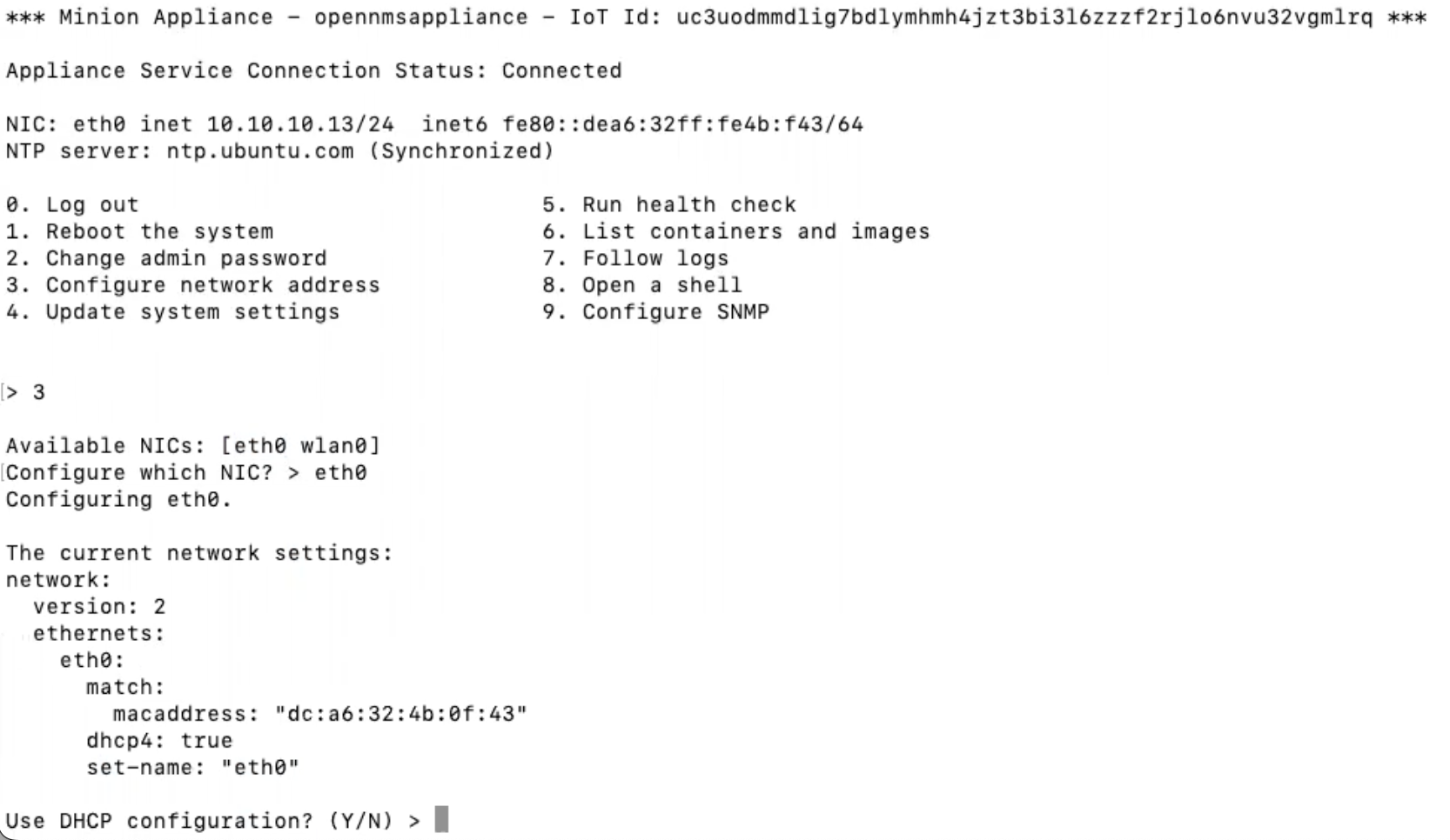 TUI displaying current network address configuration settings.