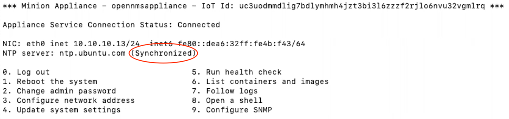 TUI displaying the main task list and network connection information; the synchronization status is circled in red.