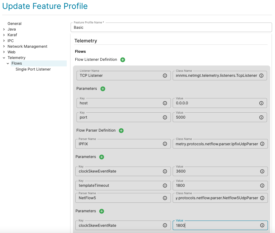 Update Feature Profile page displaying sample configuration settings for a flow listener